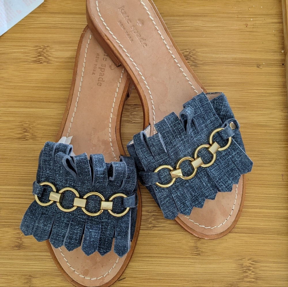 kate spade Denim Blue Fringe Slide Sandals with Gold Chain - Picture 4 of 14